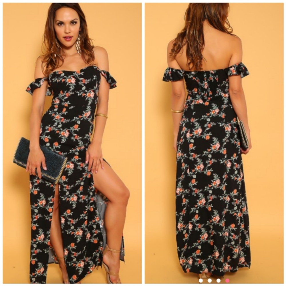 Sexy Black Floral off Shoulder high slit DRESS